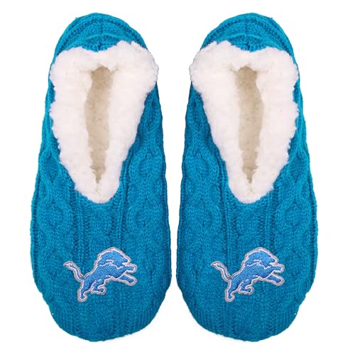 FOCO - Mens NFL Big Logo Cable Knit Womens Footy Slippers (Detroit Lions US Footwear Size System Adult Women Alpha Medium One Size)