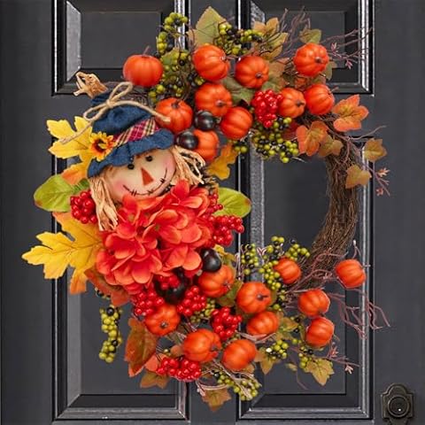 Fall Wreath for Front Door Scarecrow Front Door Wreath with penty of Small Pumpkins, Berries, Acorns and Hydrangea,Autumn Harvest Porch Decor,thanksgving Farmhouse Fall Door decorations-20inch Cover