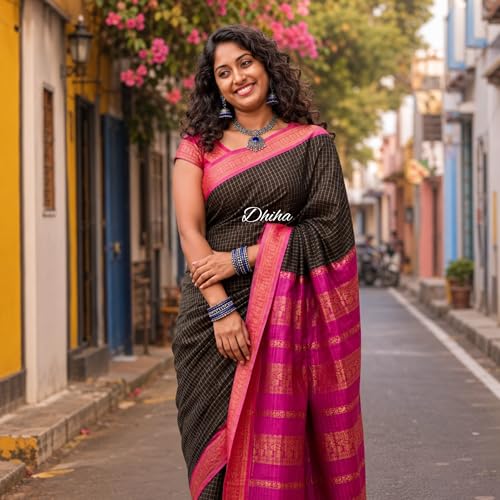 Image of Gadwal Cotton Silk Checked Saree for Women | Pure Kalyani Cotton Checked Saree with Zari Border Tassels & Blouse | Kanjivaram Linen Silk | Handloom Weave