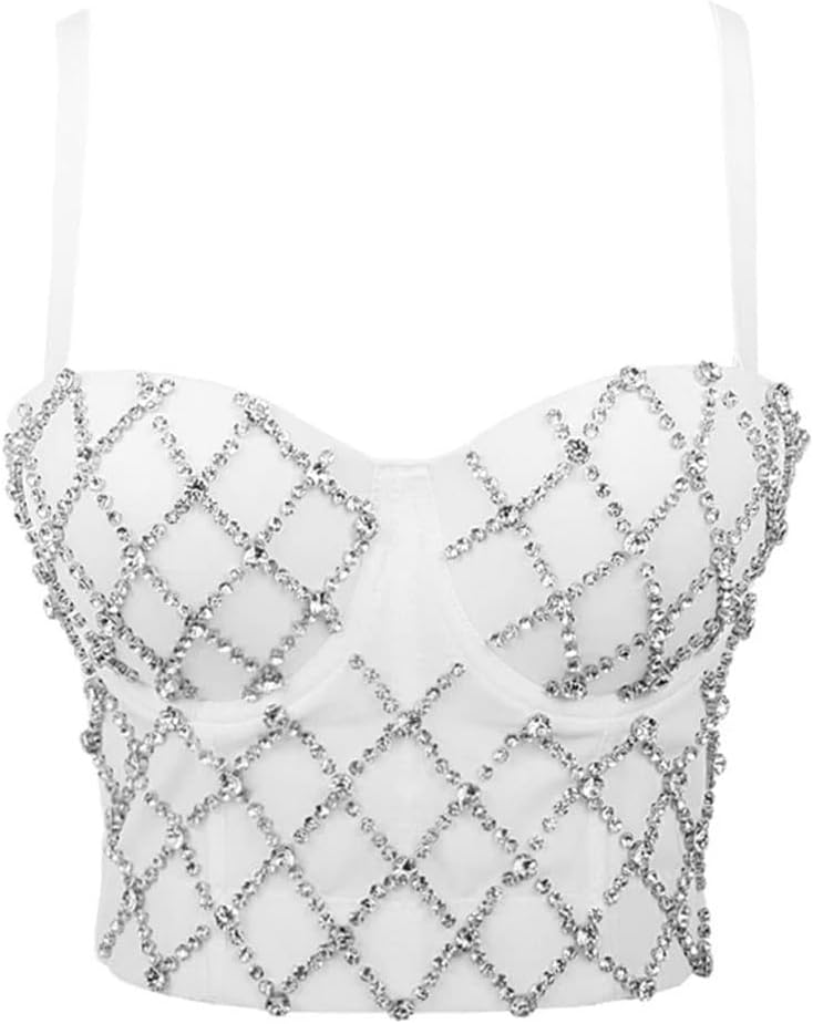 Women Sexy Sleeveless Bustier Bra Criss Cross Rhinestone Corset Cropped Camisole