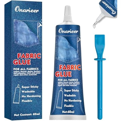 Onarieer 60ml Fabric Glue, Fabric Glue Permanent Clear Washable for Patches Drying Waterproof Fabric Adhesive Glue for All Fabrics, Clothes, Cotton, Flannel, Denim, Leather, Polyester, Doll Repair Cover