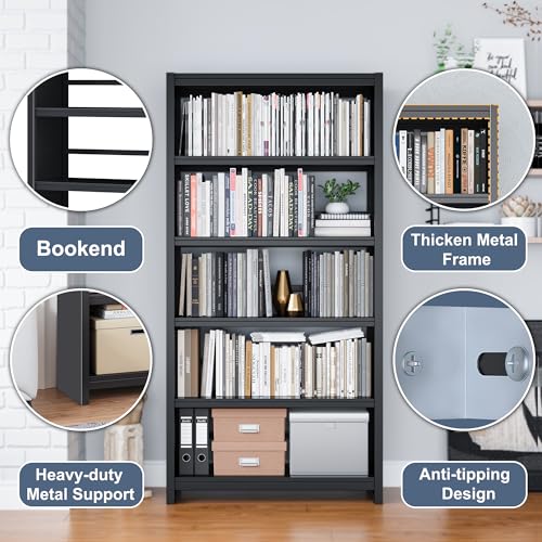 Bookshelf, 5 Shelf Bookcases, Tall Bookcase for Heavy Books, CDs, Movies, Garage Kit, Modern Display Shelf for Library Home Office Bderoom Living Room, Metal Bookshelves Industrial Black - Image 5