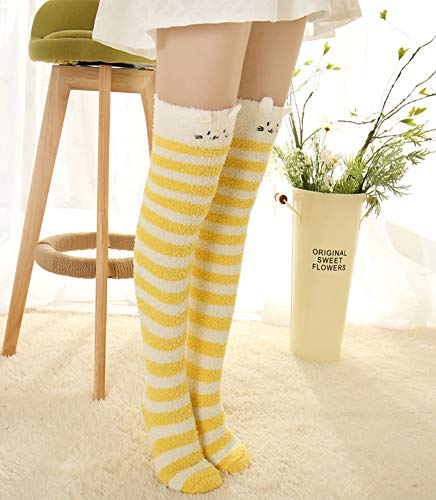 Image of Hotmiss Womens Thigh High Fuzzy Socks Cute Over the Knee Stockings Winter Warm Stripe Leg Warmers