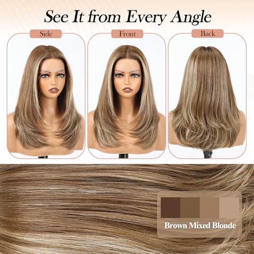 Image of EMMOR Human Hair Wig for Women 13x5x1 Inch HD Lace Front Wig 18 Inch Layered Glueless Wigs Pre-Plucked Hairline Human Hair Blend Premium Synthetic Fiber for Everyday Wear(Brown Mixed Blonde)