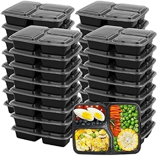 MUKLEI 50 Pack 3 Compartment Plastic Food Containers, 1000ml Meal Prep Containers with Lids, Stackable Portion Control Lunch Boxes Food Storage Trays for Home, Work, Restaurant, Black