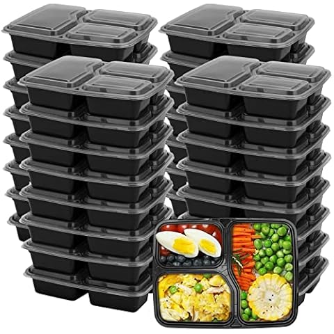 MUKLEI 50 Pack 3 Compartment Plastic Food Containers, 1000ml Meal Prep Containers with Lids, Stackable Portion Control Lunch Boxes Food Storage Trays for Home, Work, Restaurant, Black Cover