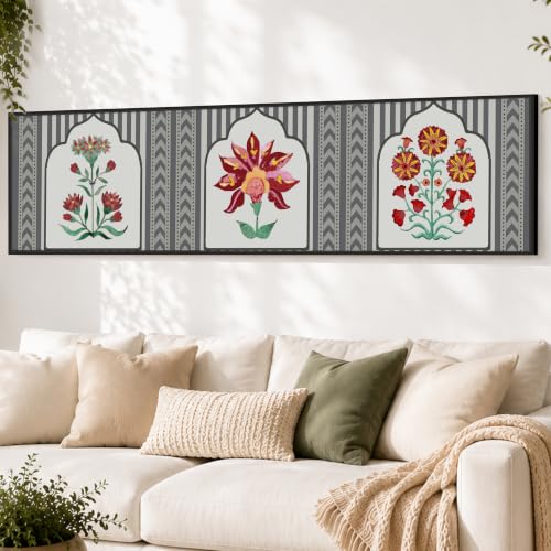 Image of Large Canvas Painting Panel Framed Wall Painting Traditional Indian Lotus Motif Framed Luxury Paintings for Home Decoration, Living room, Bedroom and Office Decor (Red, 13x47 Inch)