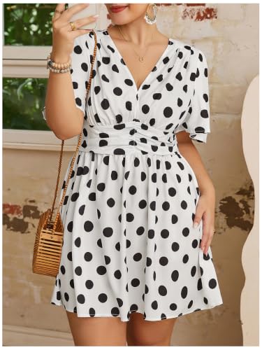 Image of Floerns Women's Plus Size Printed V Neck Short Sleeve Ruffle Hem Summer Short Dresses