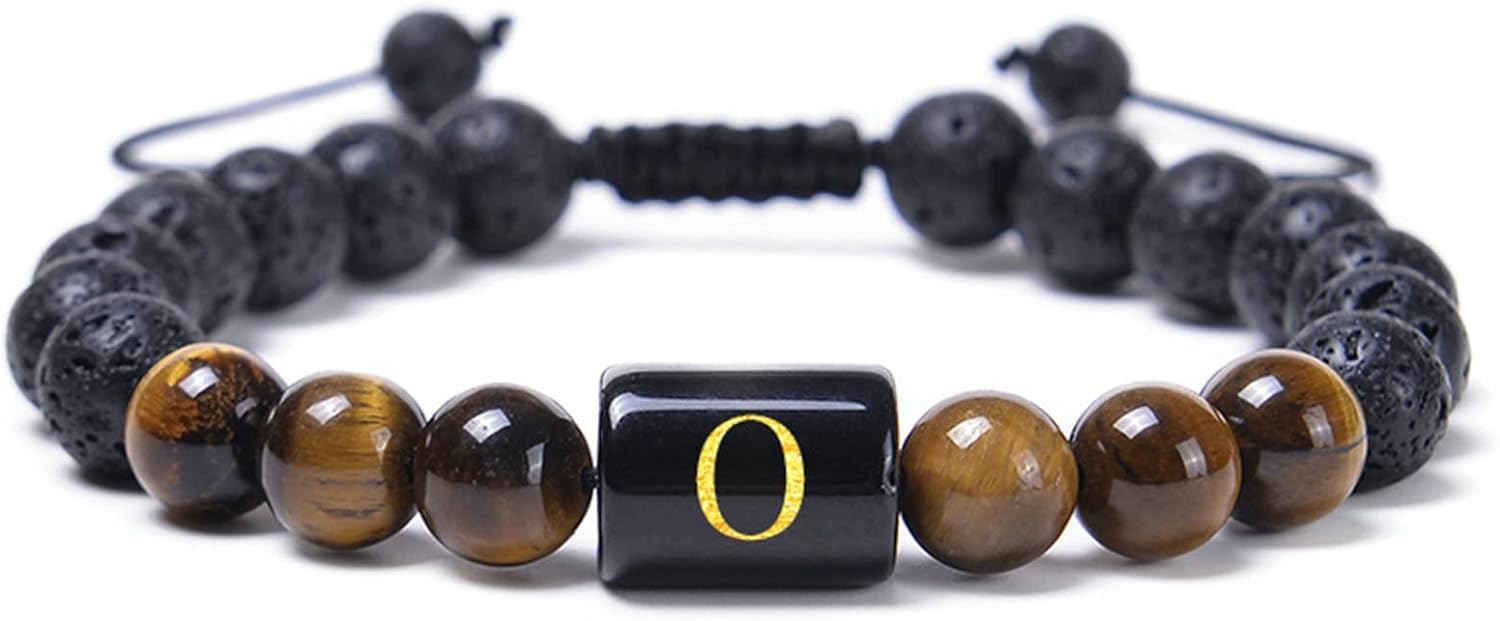 Joyería para mujer Pulsera difusora de aceites esenciales Roca de lava, Ojo de tigre de piedra con letra AZ Pulseras ajustables para mujer Joyas de 29,2 cm