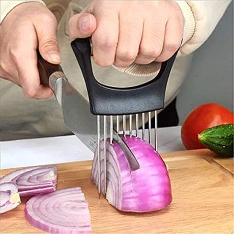 Pet1997 Food Slice Assistant Onion Holder Slicer,Cutting Kitchen Gadget Onion Peeler,Kitchen Gadgets kitchen Utensil Holder - Stainless Steel Vegetable Holder Tomato Slicer Meat Slicer (Black) Cover