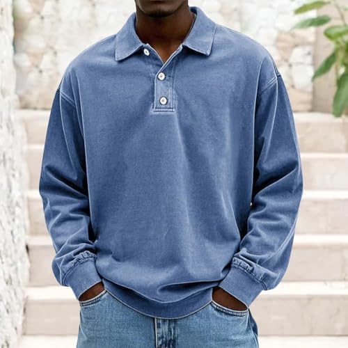 Mens Polo Long Sleeve Shirt Distressed Button Basic Solid Color Polo Shirt Classic Loose Casual Collared Shirts T-Shirt2