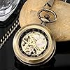 Tiong Bronze uncovered Design Mechanical Roman Numerals Steampunk Pocket Watch Men's Watch with Chain and Box-Bronze #4