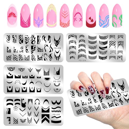 MWOOT 4 Piezas Estampador de Uñas, Plantillas Uñas Decoracion, Placas de Uñas para Uñas con Ola Rayas Líneas Geométrico, Placas Estampacion Uñas Kit Manicura Francesa para Salón Casa