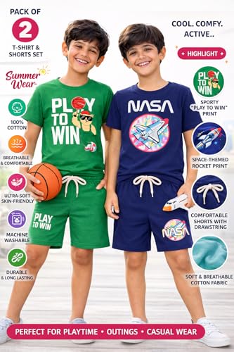 Image of NammaBaby Boy's Cotton Printed Premium Half Sleeves T-Shirt and Shorts Top and Bottom Set /Tshirt-Shorts with Pocket Combo of 2