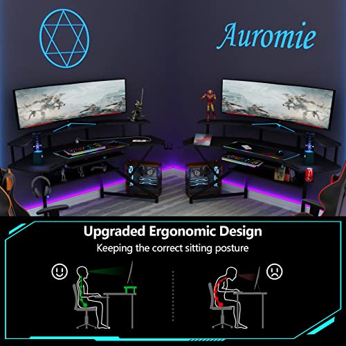 Auromie 72" Gaming Desk With Power Outlet & Led Strip, Large Wing-Shaped Computer Desk With Monitor Stand & Keyboard Tray & Rgb Mouse Pad, Studio Desk With Storage Shelf Headphone Hook Cup Holder #TOP7