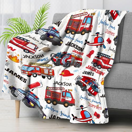 Image of Fire Trucks Firefighter Custom Blanket Gifts Personalized Fire Trucks Throw Blankets for Boys Girls Super Soft Fleece Flannel Air Conditioning Blanket for Couch Bed 120x90 in for Family