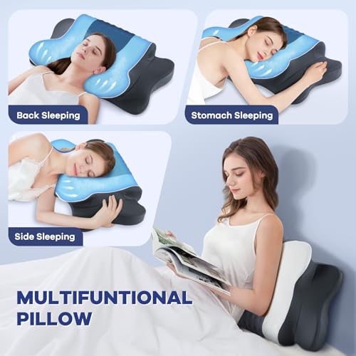 Image of Cervical Neck Pillow for Pain Relief,Cervical Pillow with Memory Foam Ergonomic Pillows with Dual Heights for Back,Stomach and Side Sleepers Kids' Floor Pillows Cushions (Grey, Standard 26 inchx15 inch)