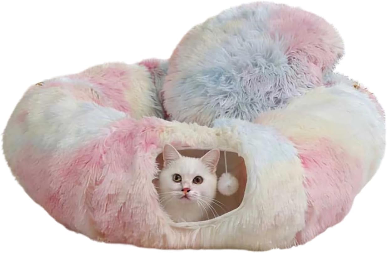 Cat Tunnel with Cat Bed for Indoor Cats, Under Christmas Tree Soft Plush Peekaboo Cat Cave Donut Tunnel, Multifunctional Playground Toys Hideplace for Kittens, Rabbit, Ferret