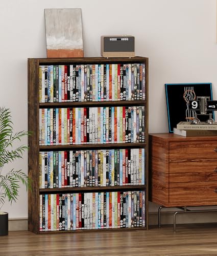VPSMAT 4 Tier DVD Storage Shelf Media Storage Tower for CDs & Video Games Freestanding Organizer Shelf for Living Room Home Office Holds 160+ DVDs(Amber Pine)
