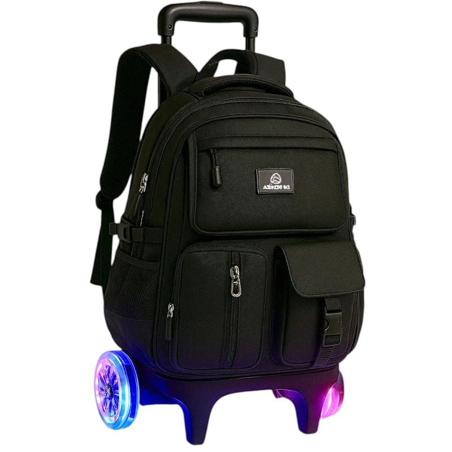 Mochila Escolar com Rodinhas LED, 3 Compartimentos, 4 Bolsos, Alça Dupla, resistente e regulagem de altura, Unisex