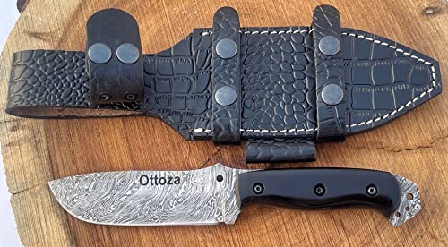 Ottoza Handmade Damascus Bushcraft Knife & Black Cow Horn Handle - Survival Knife - Camping Knife - Tactical Knife - Damascus Hunting Knife with Sheath - Horizontal Carry Knife & Vertical Knife No:317