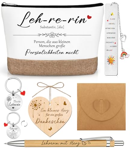 Abschiedsgeschenk Erzieherin Beste Lehrerin Geschenke Erzieherin Abschied mit Kosmetiktasche Kugelschreiber Holzkarte Herzförmige Schlüsselanhänger Danke Geschenk Lehrerin Kindergarten