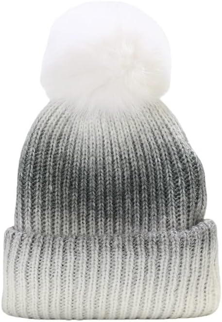 Women's Pom Pom Beanie, Color Block Slouchy Knit Hat, Thick Warm Winter Hat with Furry Ball