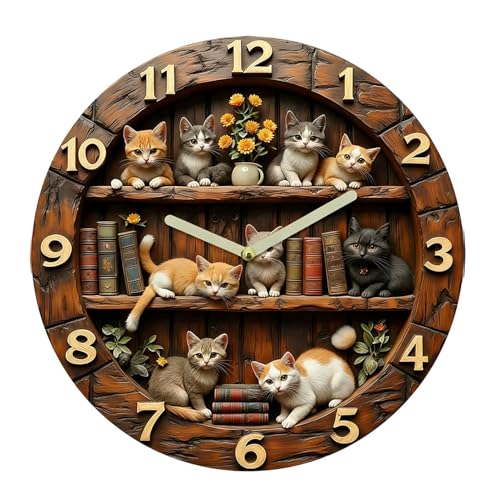 Orologio da parete a tema gatto, in legno, stile retrò, decorativo, a forma di gatto, silenzioso, per camera da letto, soggiorno, ufficio, dormitorio, asilo, ingresso, corridoio, aula, 20 x 20 cm
