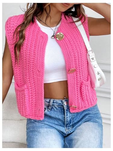 Image of GORGLITTER Women's Cropped Sweater Vest Sleeveless Button Up Cardigan Cute Holiday Knit Sweater Tank Tops Dressy Casual Hot Pink X-Large