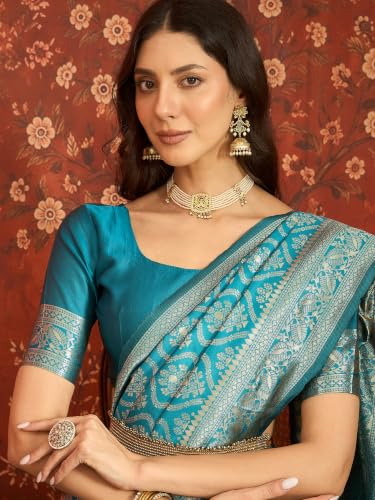 Image of Elegant Banarasi Silk Blend Saree with Gold Zari Woven Floral Border