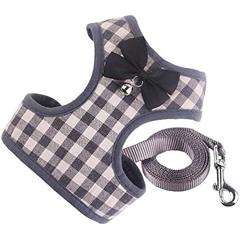 DHGTEP No Pull Tartan Dog Harness and Lead Set with Cute Bow Tie ＆ Bell Front Clip Puppy Harness Kitty Lead Rope Set for Small Dogs Big Cats Outdoor Walking (Color : Gray, Size : Small) Cover