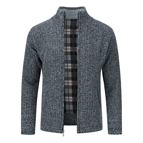 Allthemen Herren Cardigan Grobstrick Reißverschluss Strickjacke mit Stehkragen Winter Pollover Knitted Dunkelgrau L