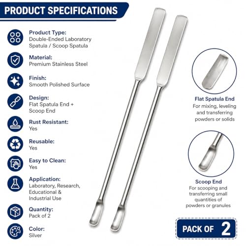 Image of Laboratory Spatula(PACK OF 2), Stainless Steel, 6 inch or 15.5 cm Length, Dual-Ended with Round Spoon and Flat Face Design for laboratory and multipurpose use