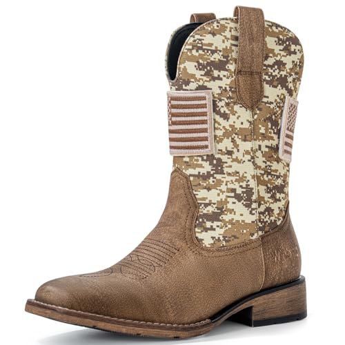 WINBIRD Cowboy Boots For Men - Square Toe Western Mens Slip on Patriot Boots with National Flag Patch Slip Resistant Classic Pull On Short Country Chunky Heel Boot L97-DST-PU-10.5