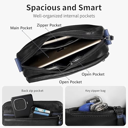 Men's Leather Crossbody Bag 3L, Black with Blue Stripes, Adjustable Nylon Strap & Multi-Pocket4