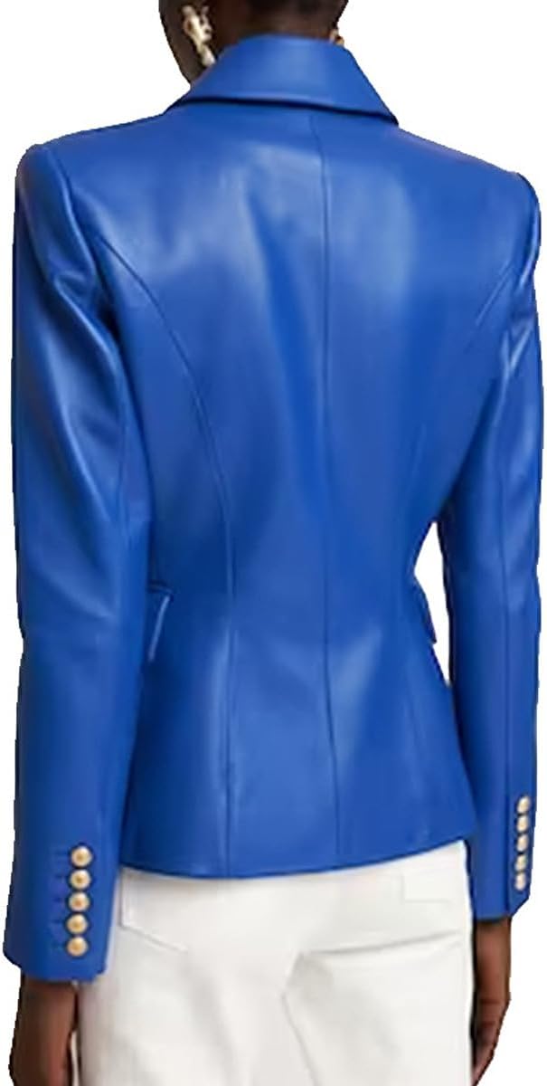 Kromoc Women's Leather Suit Coat Double Breasted Buttons Peak Lapel Jacket for Professional Business Trip