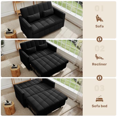 Image of Nebuaegis Sleeper Sofa Bed,3-in-1 Convertible Pull Out Couch with Adjustable Backrest for Living Room,Loveseat Sofa Bed with Side Pockets,Easy Assembly,Black,1 PCS