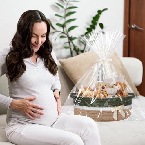Image of Colingmill 1 Set Woven Basket for Gift Empty with Cellophane Wrap Set 14 x 10 x 5.5 Inch, Medium Decorative Gift Basket Empty to Fill, Cotton Rope Storage Box Decor (Green Khaki)