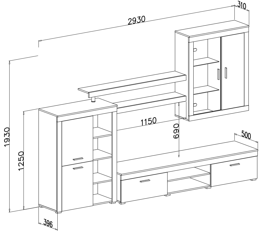 Arreditaly Parete Attrezzata Da Soggiorno Salotto Moderna Con Ante Mensole Vani A Giorno Vetrinetta Mobile TV Design Moderno Moduli Sospesi 293 x 193 x 50 Cm Bianco E Rovere Scuro