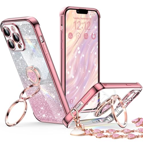 Image of XYZ for iPhone 13 Pro Max Back Cover Case with Stand, Phone Case with Double Ring Kickstand, Women Girls Bling Luxury Glitter Clear Phone Case Cover Heart for iPhone 13 Pro Max, Rose Gold