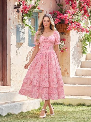 Image of Scarlet Darkness Women Floral Maxi Dress Puff Sleeve Tea Party Corset Dress | Pockets, Ruched Bust, Ruffled Hem, for Cottagecore Fairy Milkmaid Vacation