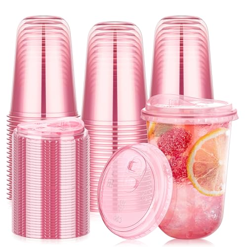 KesaPlan 50 Pack 16 oz Pink Plastic Party Cups with Sip Lids, Disposable Iced Coffee Cup with Lid,...