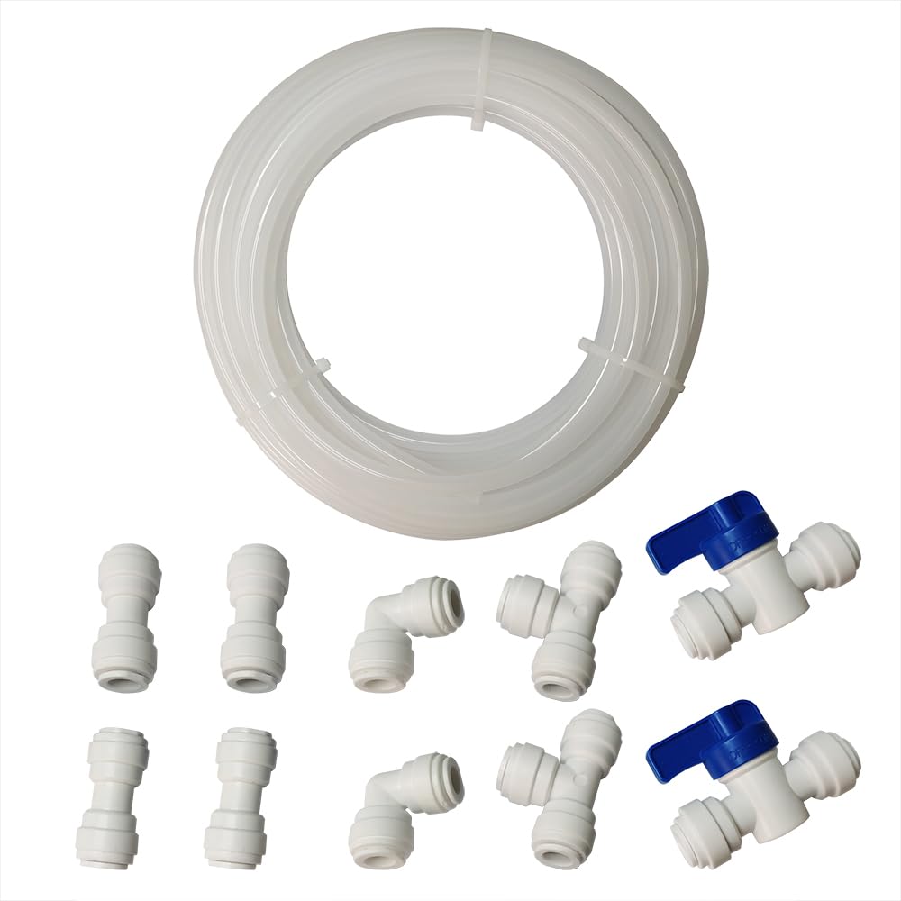 YZMSZ 10pcs 5/16 inch water line Quick Connect Push In to Connect Fitting +32ft tubing for RO Water Filter System. (Ball Valve + Tee + Elbow + Straight + Reducing+ PE tubing)
