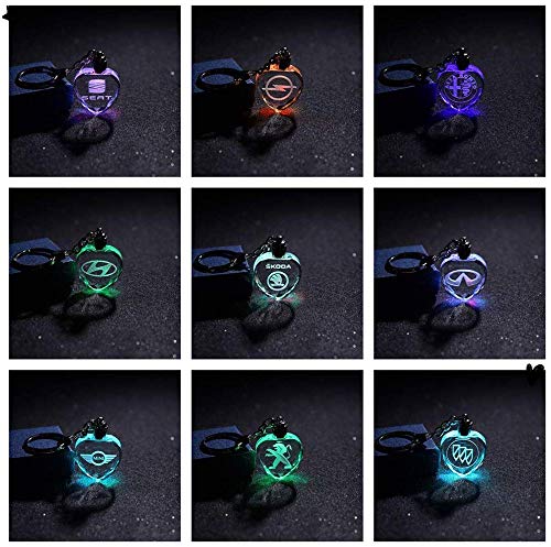 Fitracker Car Logo Heart Shaped LED Keyring Crystal Light 7 Colors Changing Car