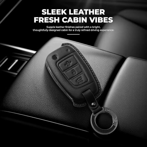 Image of Keyzone Premium Leather Key Cover & AC Vent Car Perfume Combo (4 Fragrances) | Compatible for Hyundai Venue, i20, Kona, Verna 2018 Onwards 3 Button flip Key. (Black)
