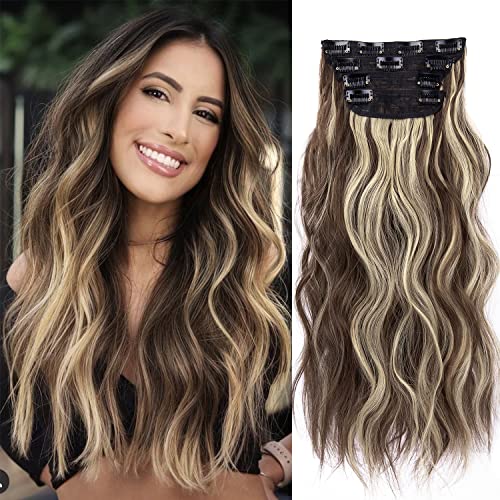 Lot de 4 extensions de cheveux à clipser - 50,8 cm de long - Cheveux synthétiques à clipser - Doux et ondulés - Brun mélangé blond clair Cover
