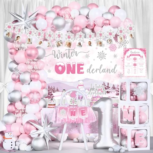 Winter Onederland 1st Birthday Decorations Girl,Winter Snowflake 1st Birthday Party Supplies,Winter Wonderland First Décor Kit,Our Little Snowflake is Turning One Balloon Garland Banner for 1st Girl
