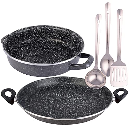 Magefesa K2 Gransasso Set: Paellera Ø34 Y Tartera Ø24 Cms, En Acero Esmaltado Vitrificado, En Gris, Inducción Y Lavavajillas, Y Juego De 3 Utensilios De Cocina En Acero Inoxidable