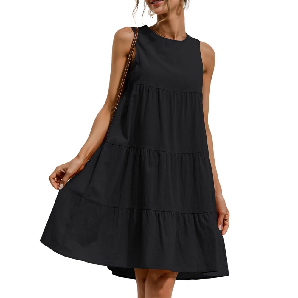 HSAJS Vestido Sin Mangas Mujer Mid Largo Vestidos de Fiesta Mujer Elegantes de Cuello Redondo Vestido Casual Holgado Vestido de Verano para Mujeres