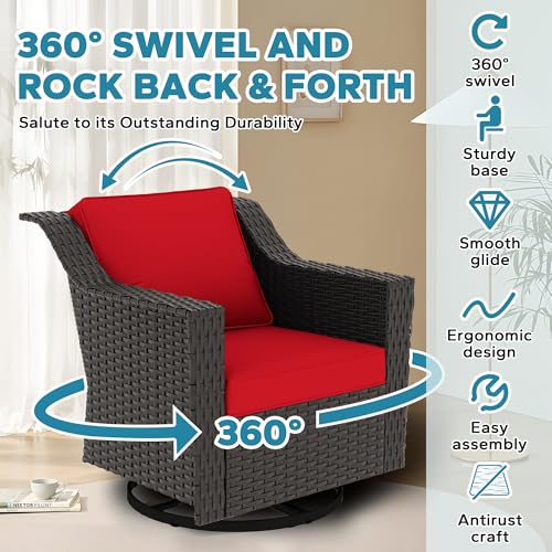 Image of 7 Pieces Outdoor Conversation Furniture Set - 77 inch Patio Sofa, 2 Swivel Rocker Chairs, 2 Ottomans, 1 Side Table, 1 Metal Table, Wicker Couch with Washable Cushions for Balcony (Red) | Patio Chair Set with Olefin Removable Cushion, All-Weather Outdoor Couch with Deep Seat for Porch, Deck and Backyard, Red